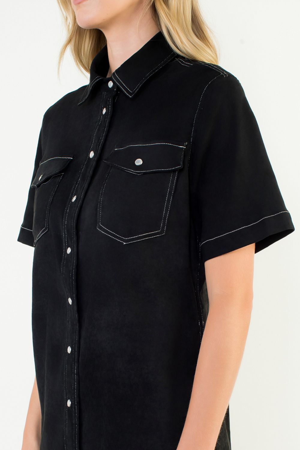 The Rosalie Black Faux Suede Western Shirt Dress