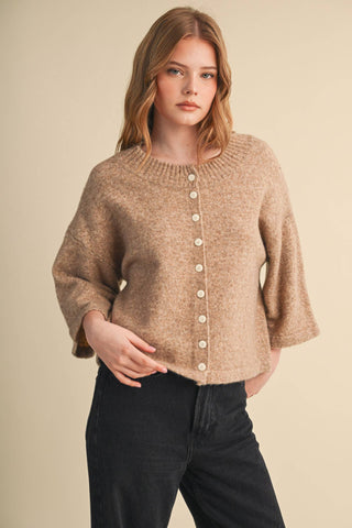 Taupe knit button-front cardigan with elbow-length bell sleeves and crew neckline