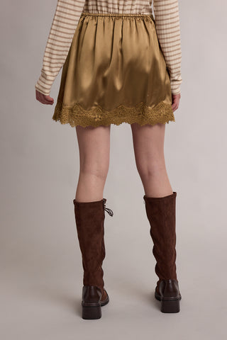 Tan satin mini skirt with lace trim hem and elastic waistband