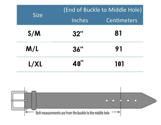 Belt sizing chart for Axesoria West genuine leather belt with oval conchos