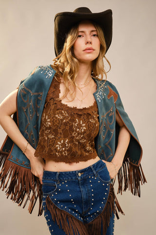 The Western Fringe Cape Jacket in Dark Teal