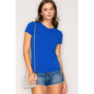 Women's royal blue crew neck short sleeve fitted knit t-shirt top