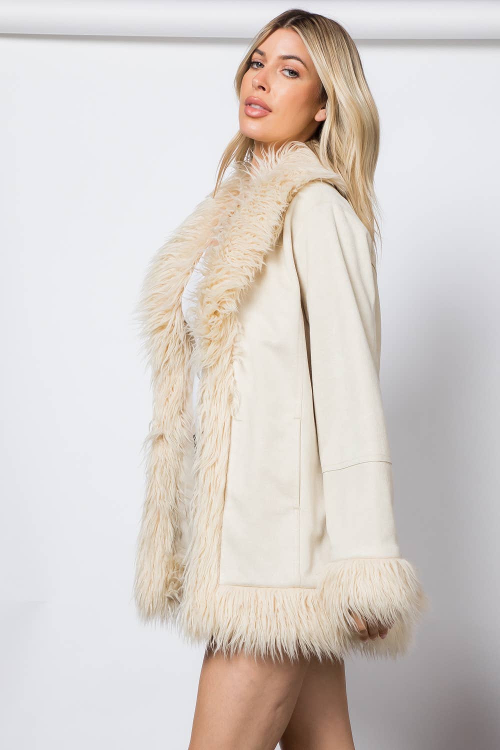 Shaggy Fur Open Front Mid Length Jacket