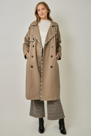 Taupe double-breasted midi trench coat with plaid trim detail and dark buttons