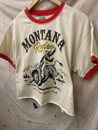 Cream and red ringer crop tee with Montana Rodeo bull rider graphic