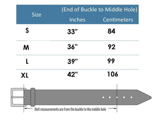 Belt size chart showing S to XL measurements in inches and centimeters with diagram