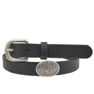 Black genuine leather belt with silver oval floral engraved concho and buckle