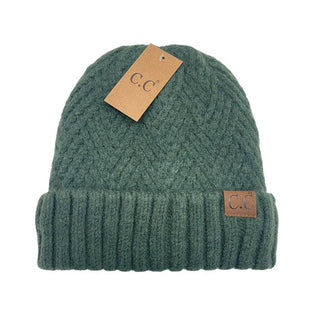C.C Beanie green cable knit cuffed beanie with leather logo patch and hang tag