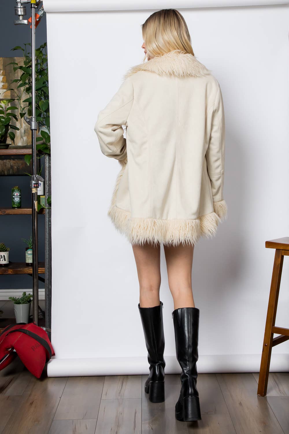 Shaggy Fur Open Front Mid Length Jacket