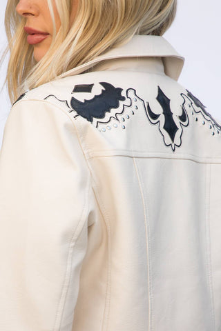 The Brittney Vegan Leather Moto Jacket with Embroidery