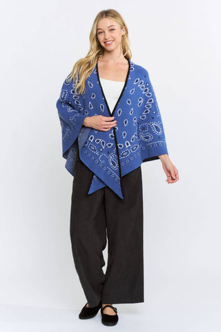 Blue paisley bandana print open-front kimono cardigan with black trim