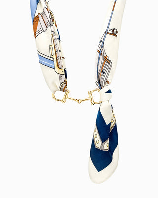 Sessori Horse Bit Silky Scarf Necklace in cream, blue, and gold equestrian print