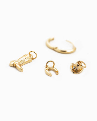 Gold mini western charm earrings: cowboy boot, horseshoe, hat, and hoop