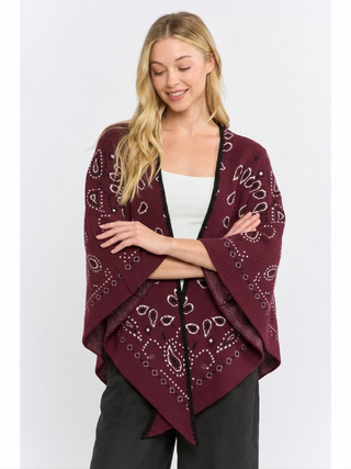 Burgundy bandana paisley print open-front kimono cardigan with black trim