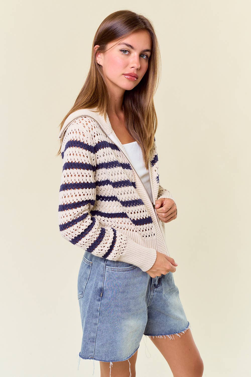 The Camille Zip-Up Striped Pointelle Open Knit Sweater Jacket