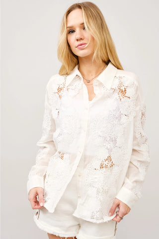 Off white long sleeve button-down blouse with floral crochet lace overlay detailing