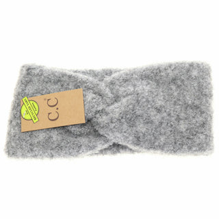 C.C light gray fuzzy knit twisted headband with recycled yarn tag