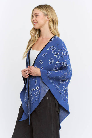 Blue bandana paisley print open-front kimono cardigan with black trim details