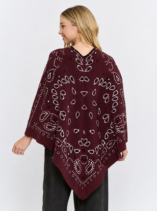 Burgundy bandana paisley print open-front kimono cardigan with asymmetric hem