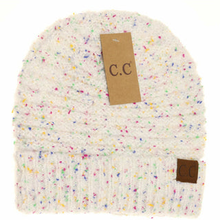 C.C white confetti boucle knit cuff beanie with multicolor speckled pattern