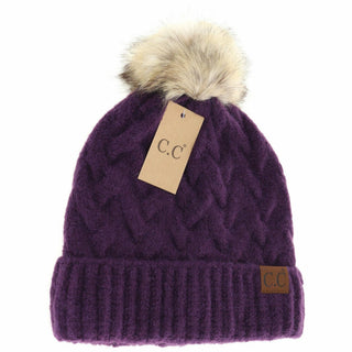 Purple cable knit C.C beanie with cream faux fur pom and ribbed cuff