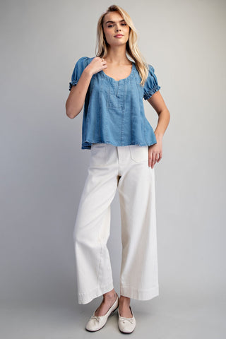 The Shelby Denim Scoop Neck Blouse