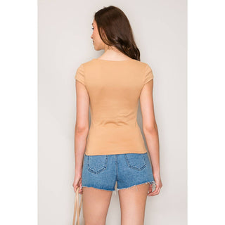 Popular 21 tan boat neck double layered cap sleeve fitted top with denim shorts