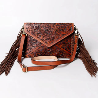 The Tooled Leather Envelope Crossbody with Fringe