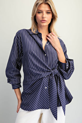 The Navy Tie Waist Front Pinstriped Blouse