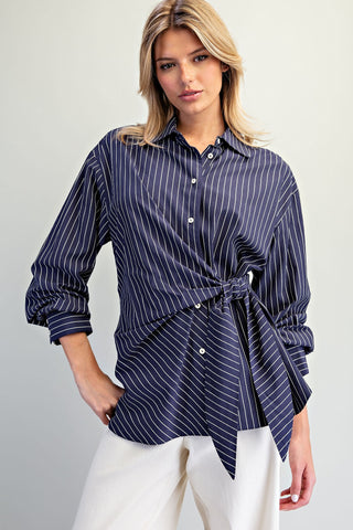 The Navy Tie Waist Front Pinstriped Blouse
