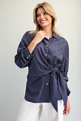 The Navy Tie Waist Front Pinstriped Blouse