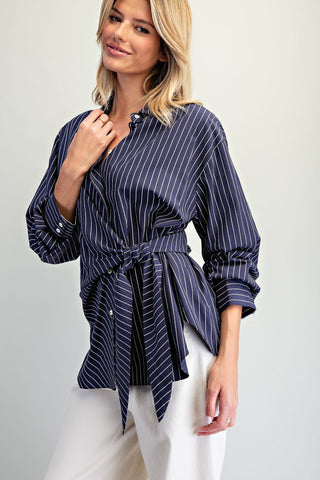 The Navy Tie Waist Front Pinstriped Blouse