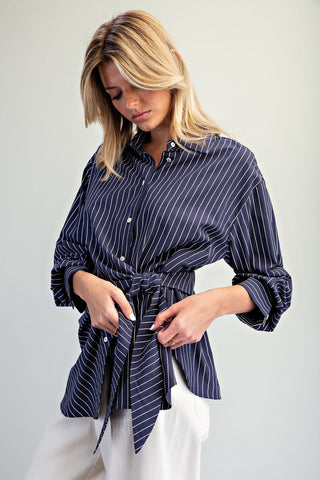 The Navy Tie Waist Front Pinstriped Blouse