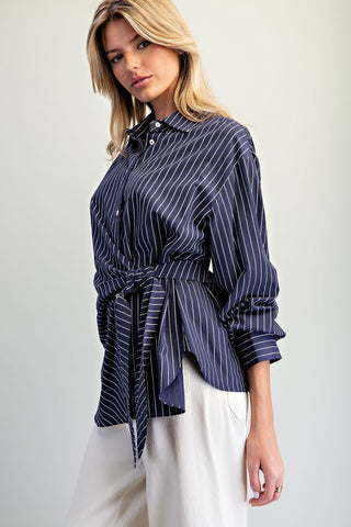 The Navy Tie Waist Front Pinstriped Blouse