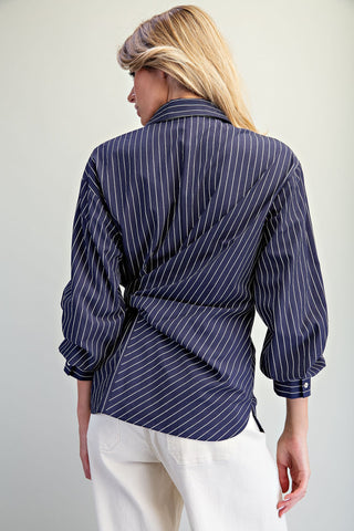The Navy Tie Waist Front Pinstriped Blouse