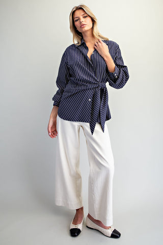 The Navy Tie Waist Front Pinstriped Blouse