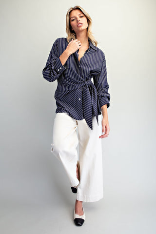 The Navy Tie Waist Front Pinstriped Blouse