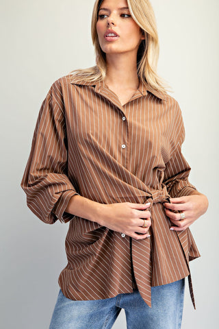 The Brown Tie Waist Front Pinstriped Blouse