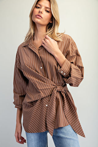 The Brown Tie Waist Front Pinstriped Blouse