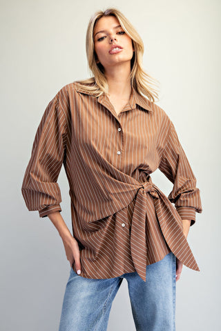 The Brown Tie Waist Front Pinstriped Blouse