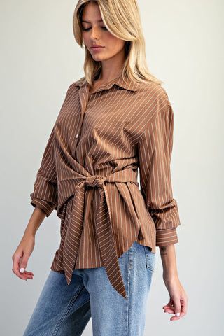 The Brown Tie Waist Front Pinstriped Blouse