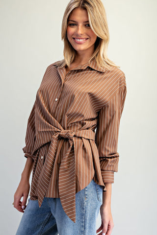 The Brown Tie Waist Front Pinstriped Blouse
