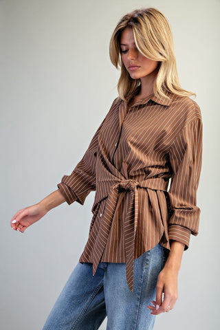 The Brown Tie Waist Front Pinstriped Blouse