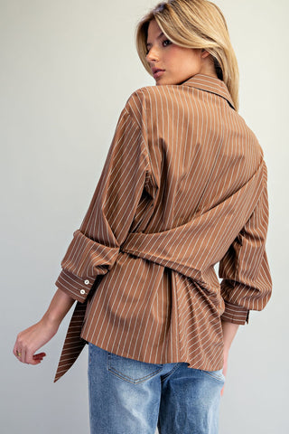 The Brown Tie Waist Front Pinstriped Blouse
