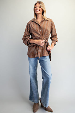 The Brown Tie Waist Front Pinstriped Blouse