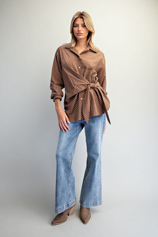 The Brown Tie Waist Front Pinstriped Blouse