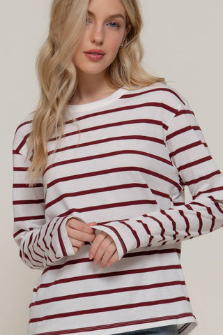 White long sleeve crew neck tee with burgundy horizontal stripes
