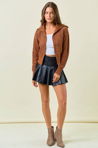 The Camille Zip-Up Pointelle Open Knit Sweater Jacket