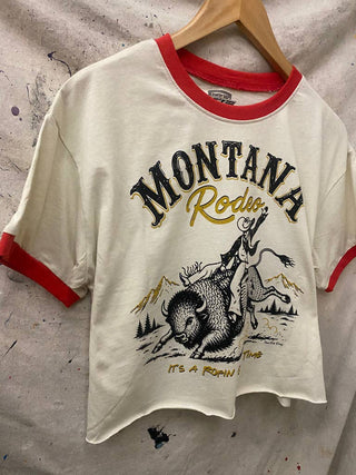 White cropped ringer tee with red trim and Montana Rodeo buffalo graphic