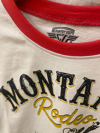 White crop ringer tee with red collar and Montana Rodeo graphic print